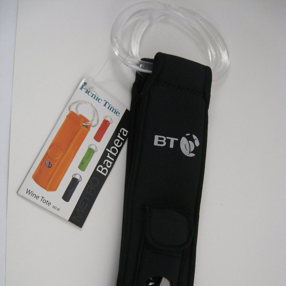 PICNIC TIME Black Neoprene Wine Tote with Corkscrew Bottle Opener NEW